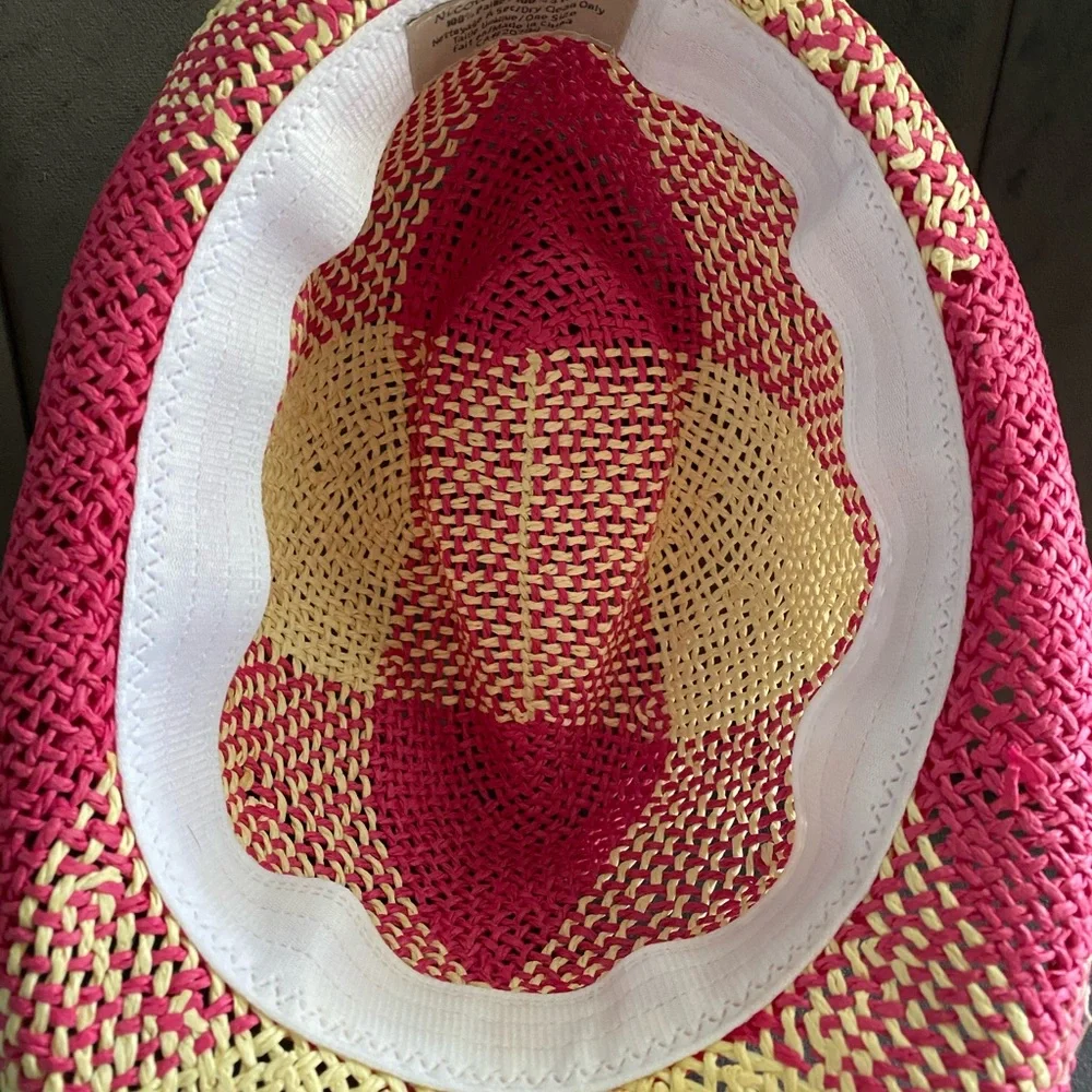 Nicole Marciano tan and pink straw fedora hat